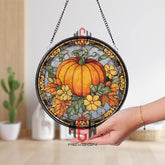 Pumpkin Harvest Stained Glass Suncatcher, Autumn Floral Round Window Panel, Fall Home and Garden Decor for Seasonal Charm