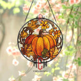 Pumpkin Harvest Stained Glass Suncatcher, Autumn Floral Round Window Panel, Fall Home and Garden Decor for Seasonal Charm