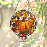 Pumpkin Harvest Stained Glass Suncatcher, Autumn Floral Round Window Panel, Fall Home and Garden Decor for Seasonal Charm