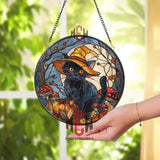 Black Cat Witch Stained Glass Suncatcher, Halloween Pumpkin and Mushroom Round Window Panel, Autumn Gothic Home Decor