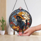 Black Cat Witch Stained Glass Suncatcher, Halloween Pumpkin and Mushroom Round Window Panel, Autumn Gothic Home Decor