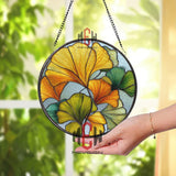 Ginkgo Leaf Stained Glass Suncatcher, Round Autumn Yellow Green Foliage Window Panel, Nature Inspired Glass Art Decor for Home