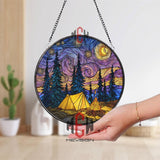 Camping Night Stained Glass Suncatcher, Round Starry Sky Forest Tent and Campfire Window Panel, Outdoor Adventure Home Decor