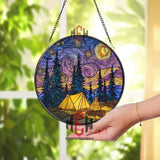 Camping Night Stained Glass Suncatcher, Round Starry Sky Forest Tent and Campfire Window Panel, Outdoor Adventure Home Decor