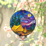 Camping Night Stained Glass Suncatcher, Round Starry Sky Forest Tent and Campfire Window Panel, Outdoor Adventure Home Decor