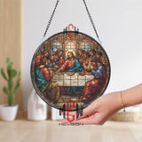 Last Supper Stained Glass Suncatcher, Round Religious Window Panel with Jesus and Apostles, Christian Home and Church Decor