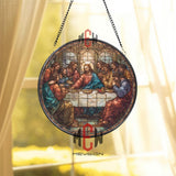 Last Supper Stained Glass Suncatcher, Round Religious Window Panel with Jesus and Apostles, Christian Home and Church Decor