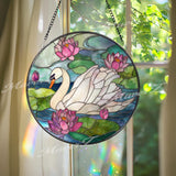 Swan and Lotus Stained Glass Suncatcher: Elegant Window Decor