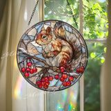 Squirrel Stained Glass Suncatcher: Winter Berries Woodland Decor