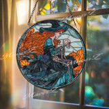 Witch & Skeleton Stained Glass Suncatcher: Gothic Halloween Decor