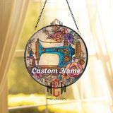 Blue Vintage Sewing Machine Stained Glass Suncatcher, Round Floral Craft Window Panel, Seamstress Gift or Studio Decor