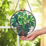 Monstera Plant Stained Glass, Round Green Leaf Window Panel, Tropical Jungle Botanical Decor, Houseplant Art Gift for Nature Lovers