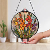 Gladiolus Flower Stained Glass Suncatcher, Round Colorful Floral Window Panel, Spring Garden Bloom Art, Botanical Decor for Flower Lovers