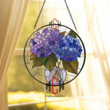 Hydrangea Bouquet Stained Glass Suncatcher, Round Pastel Floral Window Panel, Blue and Purple Flower Decor for Garden Lovers
