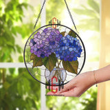 Hydrangea Bouquet Stained Glass Suncatcher, Round Pastel Floral Window Panel, Blue and Purple Flower Decor for Garden Lovers