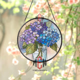 Hydrangea Bouquet Stained Glass Suncatcher, Round Pastel Floral Window Panel, Blue and Purple Flower Decor for Garden Lovers