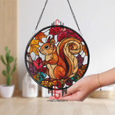 Squirrel and Autumn Leaves Stained Glass Suncatcher, Round Woodland Animal Window Panel, Fall Nature Decor for Rustic Homes