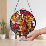 Squirrel and Autumn Leaves Stained Glass Suncatcher, Round Woodland Animal Window Panel, Fall Nature Decor for Rustic Homes