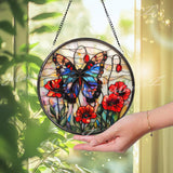 Butterfly & Red Poppy Suncatcher: Floral Stained Glass Window Decor