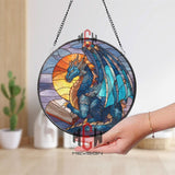 Blue Dragon Stained Glass Suncatcher, Round Fantasy Window Panel with Book and Sunset, Mythical Creature Glass Art Home Decor