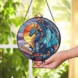 Blue Dragon Stained Glass Suncatcher, Round Fantasy Window Panel with Book and Sunset, Mythical Creature Glass Art Home Decor