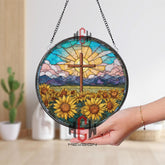 Christian Cross and Sunflowers Stained Glass Suncatcher, Round Sunrise Mountain Window Panel, Faith and Nature Glass Art Home Decor