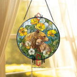 Bear and Cub Stained Glass Suncatcher, Round Floral Window Panel with Yellow and White Wildflowers, Wildlife Nature Glass Art Decor