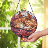 Sleeping Orange Cat Stained Glass Suncatcher, Round Floral Window Panel with Butterflies, Cute Pet Lover Glass Art Home Decor