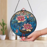 Lotus Flowers and Lily Pads Stained Glass Suncatcher, Round Blue Water Window Panel, Nature Zen Glass Art Decor for Tranquil Home Spaces