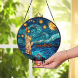 Statue of Liberty Starry Night Stained Glass Suncatcher, Round NYC Skyline Window Panel, Travel Cityscape Glass Art Decor for Home Lovers