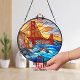 Golden Gate Bridge Stained Glass Suncatcher, Round San Francisco Landmark Window Panel, Travel Cityscape Glass Art Decor for Home Lovers