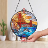 Golden Gate Bridge Stained Glass Suncatcher, Round San Francisco Landmark Window Panel, Travel Cityscape Glass Art Decor for Home Lovers