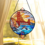 Golden Gate Bridge Stained Glass Suncatcher, Round San Francisco Landmark Window Panel, Travel Cityscape Glass Art Decor for Home Lovers