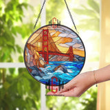 Golden Gate Bridge Stained Glass Suncatcher, Round San Francisco Landmark Window Panel, Travel Cityscape Glass Art Decor for Home Lovers