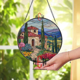 Tuscan Villa Stained Glass Suncatcher, Round Italian Countryside Window Panel, Mediterranean Landscape Glass Art Decor for Travel Lovers
