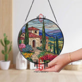 Tuscan Villa Stained Glass Suncatcher, Round Italian Countryside Window Panel, Mediterranean Landscape Glass Art Decor for Travel Lovers
