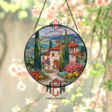 Tuscan Villa Stained Glass Suncatcher, Round Italian Countryside Window Panel, Mediterranean Landscape Glass Art Decor for Travel Lovers