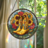 Cowgirl Boots Suncatcher: Sunflower Stained Glass Window Decor