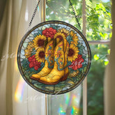 Cowgirl Boots Suncatcher: Sunflower Stained Glass Window Decor
