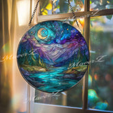 Moonlit Mountain River Suncatcher: Night Sky Pine Forest Glass Window Panel