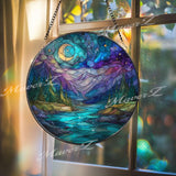 Moonlit Mountain River Suncatcher: Night Sky Pine Forest Glass Window Panel