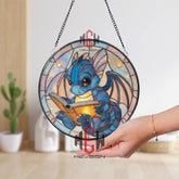 Blue Baby Dragon Reading Stained Glass Suncatcher, Round Fantasy Window Panel, Whimsical Bookish Decor Gift for Kids & Dragon Lovers