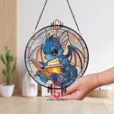 Blue Baby Dragon Reading Stained Glass Suncatcher, Round Fantasy Window Panel, Whimsical Bookish Decor Gift for Kids & Dragon Lovers