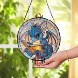Blue Baby Dragon Reading Stained Glass Suncatcher, Round Fantasy Window Panel, Whimsical Bookish Decor Gift for Kids & Dragon Lovers