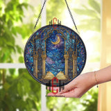Celestial Library Stained Glass Suncatcher, Starry Book Window Panel, Fantasy Galaxy Decor for Book Lovers, Moon and Stars Reading Gift