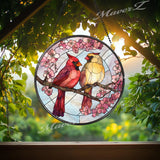 Cardinal Couple Stained Glass Suncatcher: Cherry Blossom Window Decor
