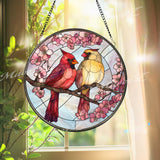 Cardinal Couple Stained Glass Suncatcher: Cherry Blossom Window Decor