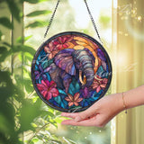 Elephant Floral Glass Suncatcher: Tropical Jungle Window Decor