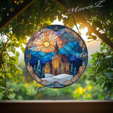 Winter Church Suncatcher: Snowy Mountain Sunset, Religious Glass Decor