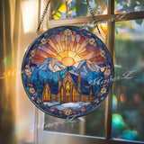 Winter Church Suncatcher: Snowy Mountain Sunset, Religious Glass Decor